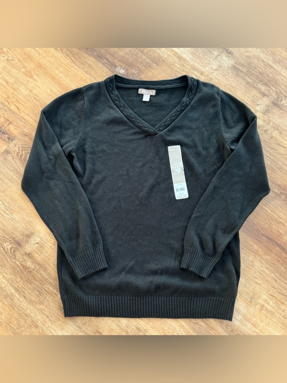 White Stag Women's Large 12-14 Black V-Neck Sweater Cotton Blend Braided Trim